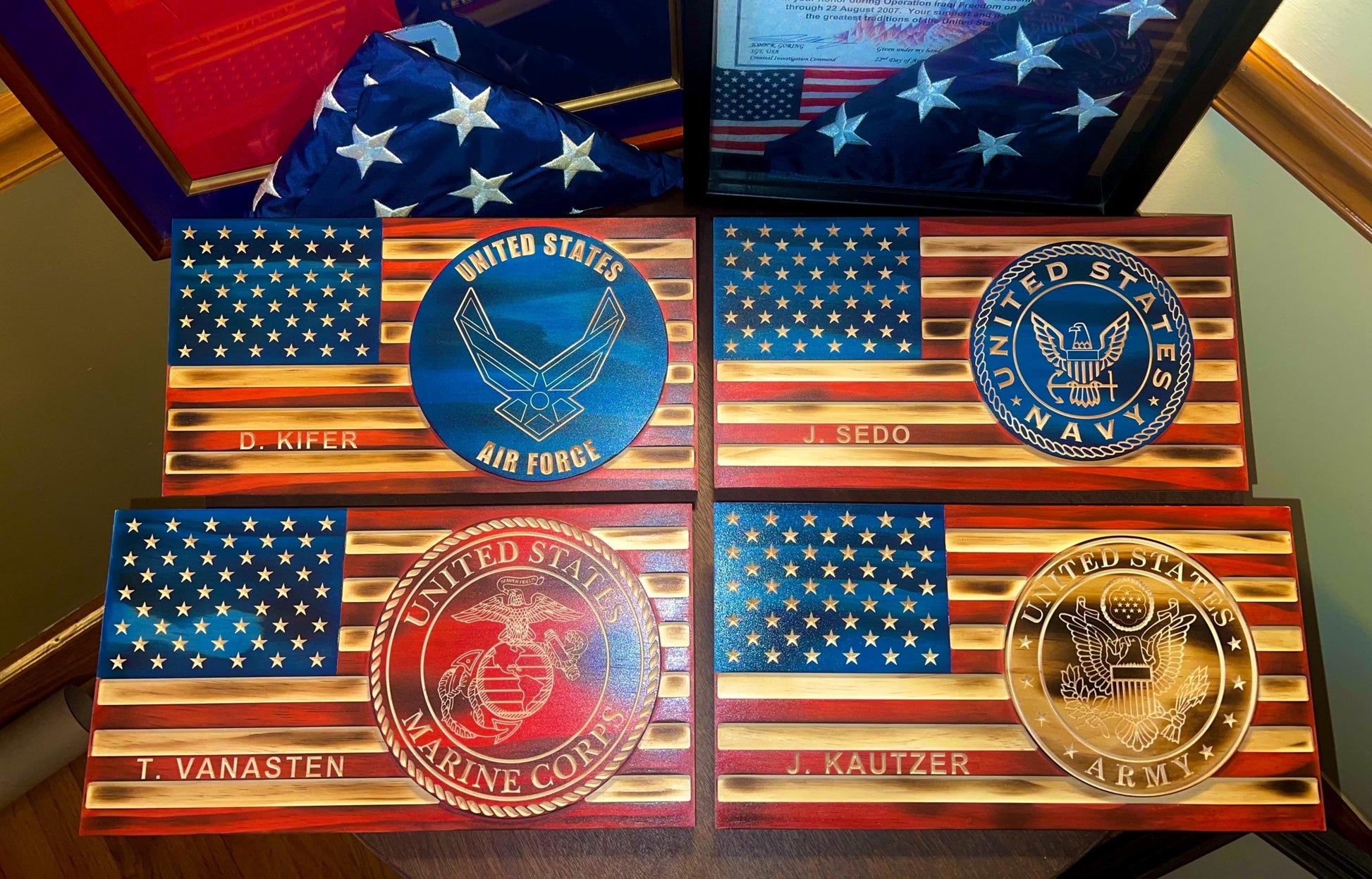 Custom Military Wooden Flag, Personalized Armed Forces Engraved Plaque, Army, Navy, Marine, Air Force, Coast Guard, National Guard Gifts